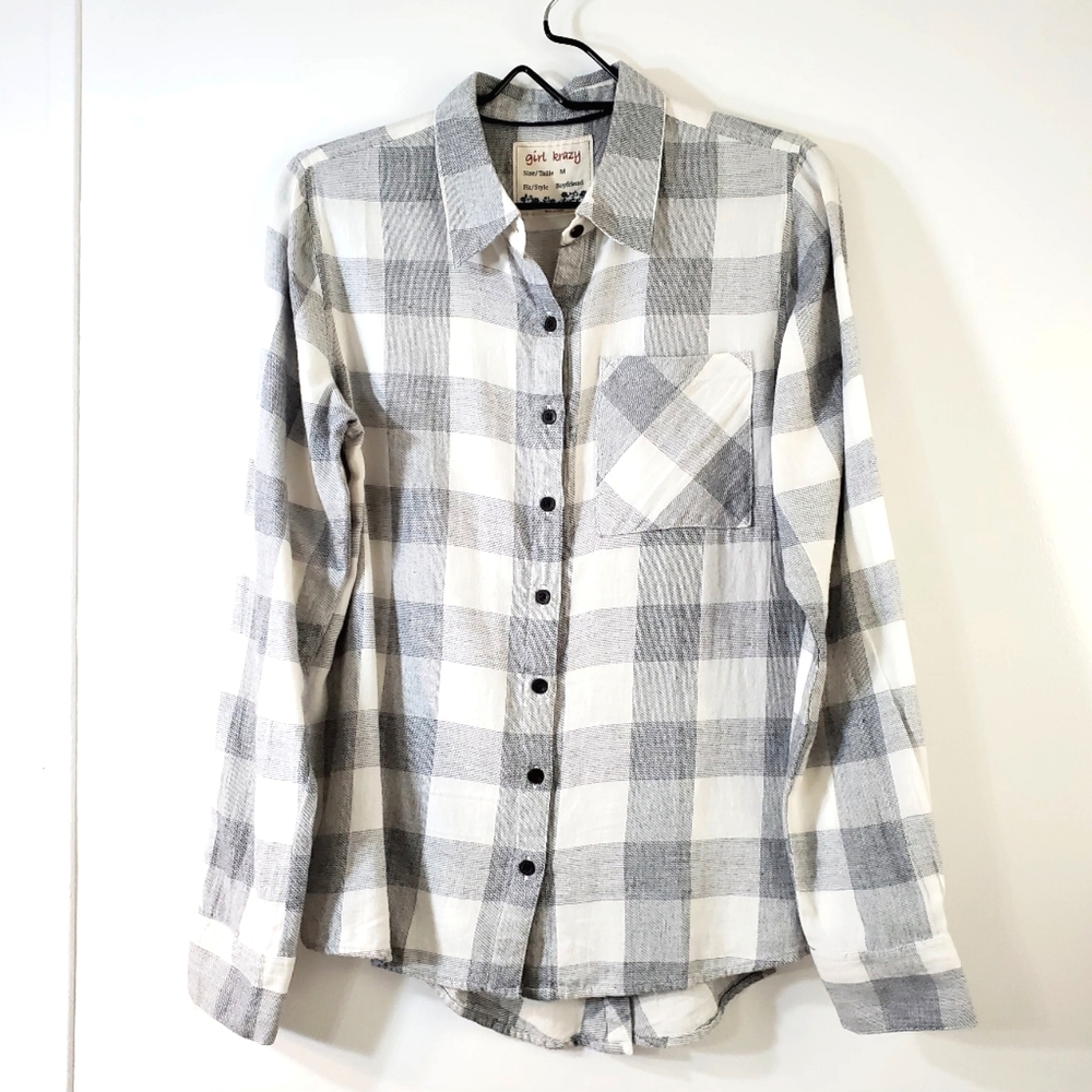 Womens Shirt Gray and White Plaid Button Down Long Sleeve Size Medium